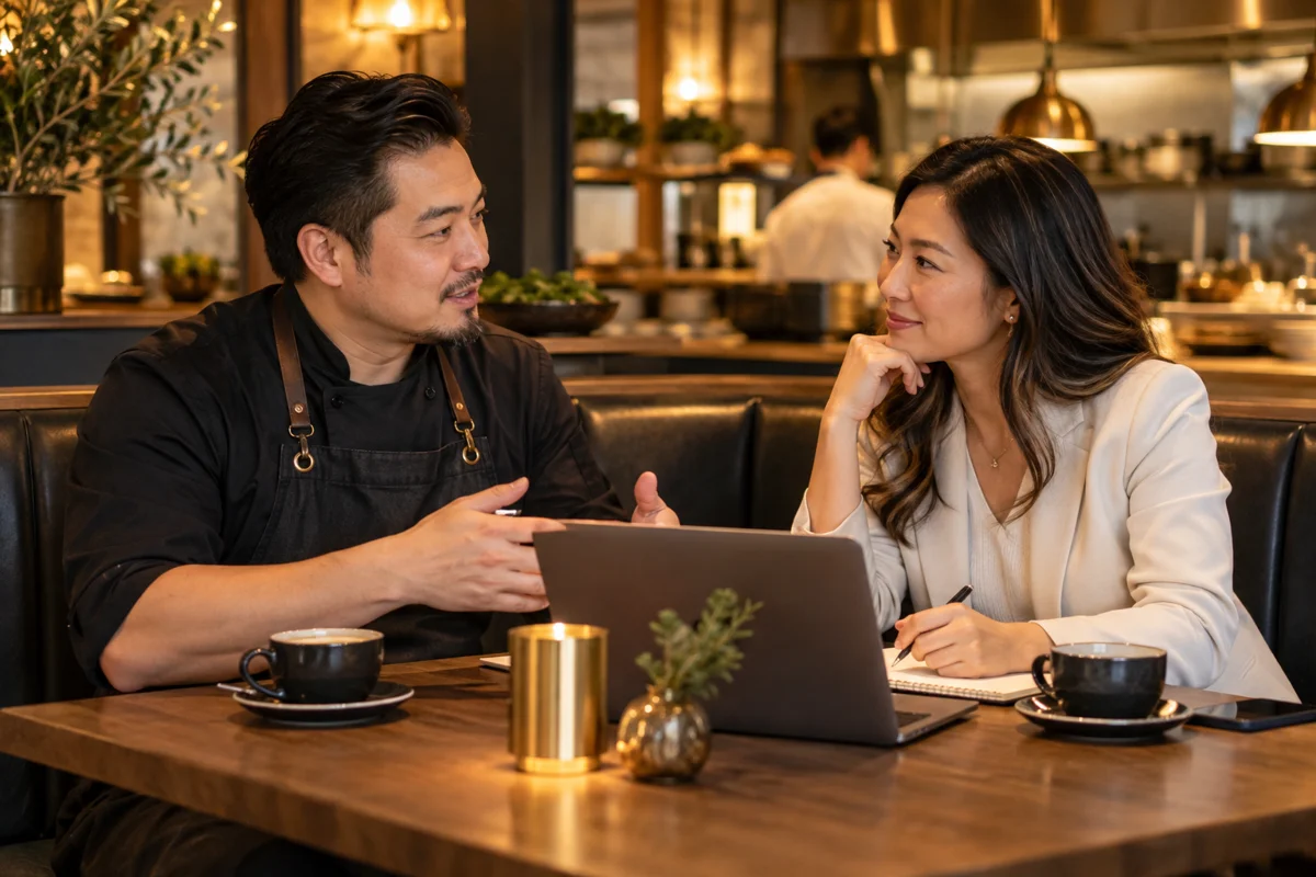 Asian American Hospitality Partners An Asian American man restaurant owner and an Asian American woman professional discussing plans over coffee in a restaurant booth
