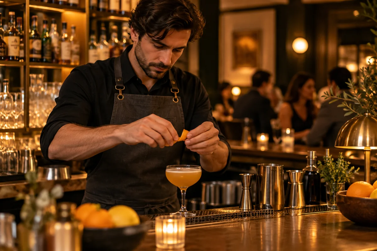 Bartender Evening Shift A bartender in a charcoal apron prepares a citrus garnish at a warm restaurant bar