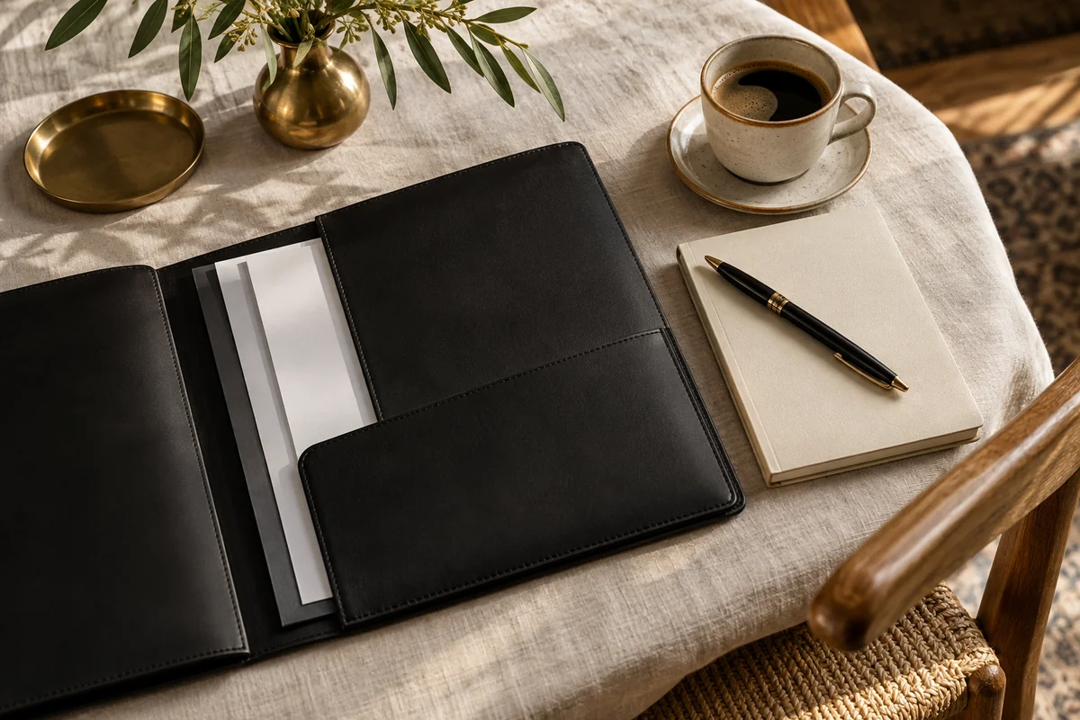 Document Readiness Guidance An organized document folder, notebook, pen and coffee on ivory linen