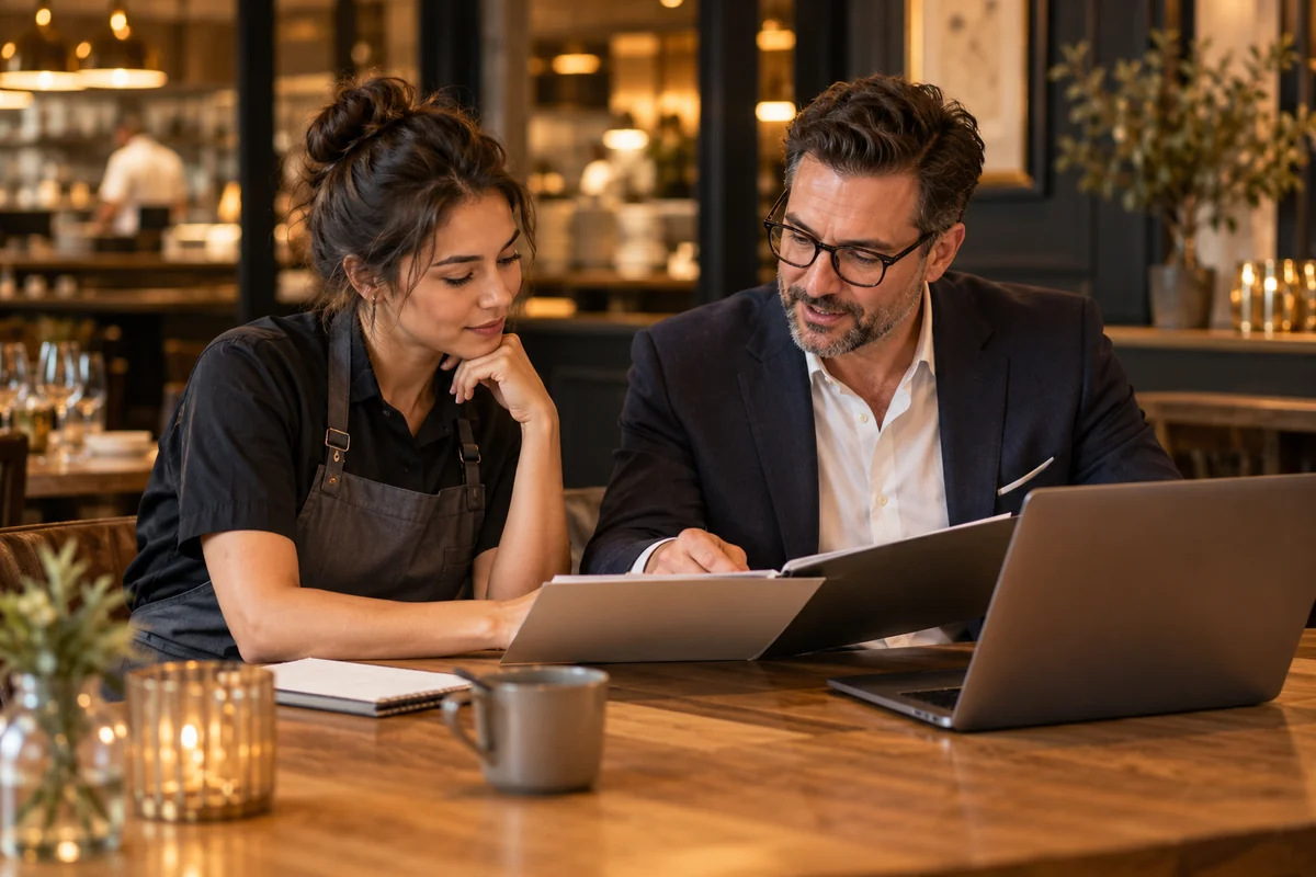Individual Tax Preparation A restaurant worker and tax professional review a preparation folder at an oak table