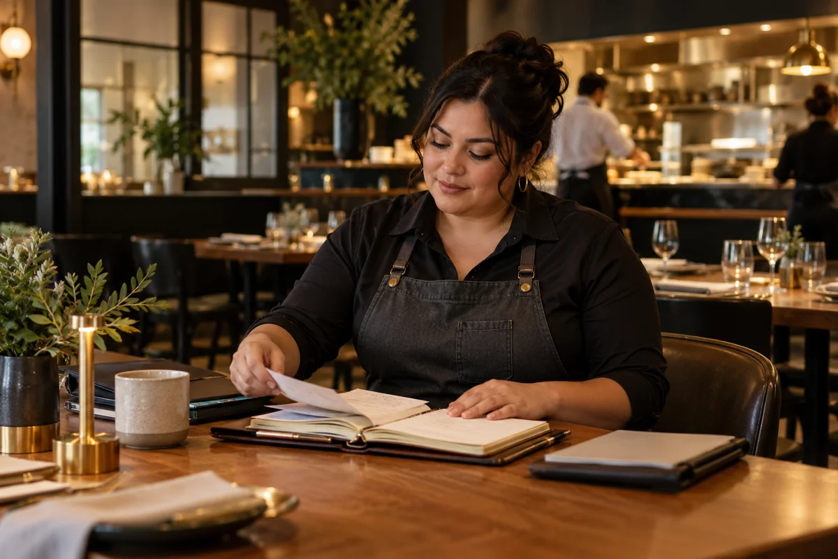 Latina Hospitality Professional A curvy Latina woman, a restaurant manager in a charcoal apron, calmly organizing her work notebook at a warm oak restaurant table