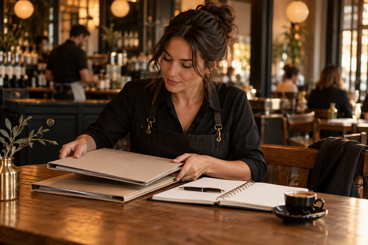 Multiple Income Sources A hospitality worker organizes employer folders beside a planner and espresso