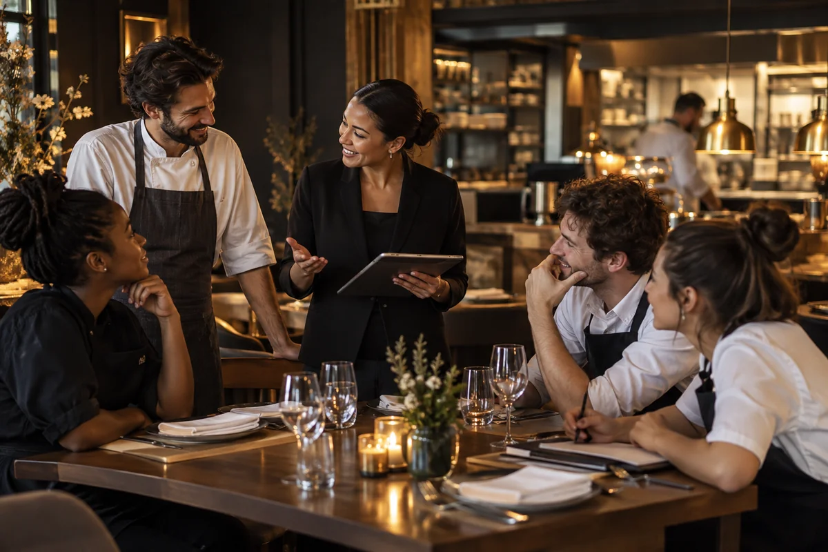 Restaurant Team Before Service A restaurant team shares a briefing around a dining table before service