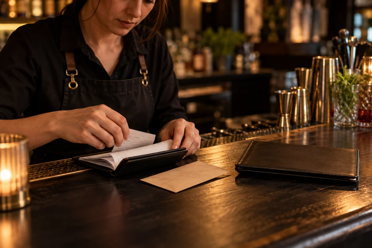 Tip Wage Income Review A bartender organizes a receipt book and tip envelope after service