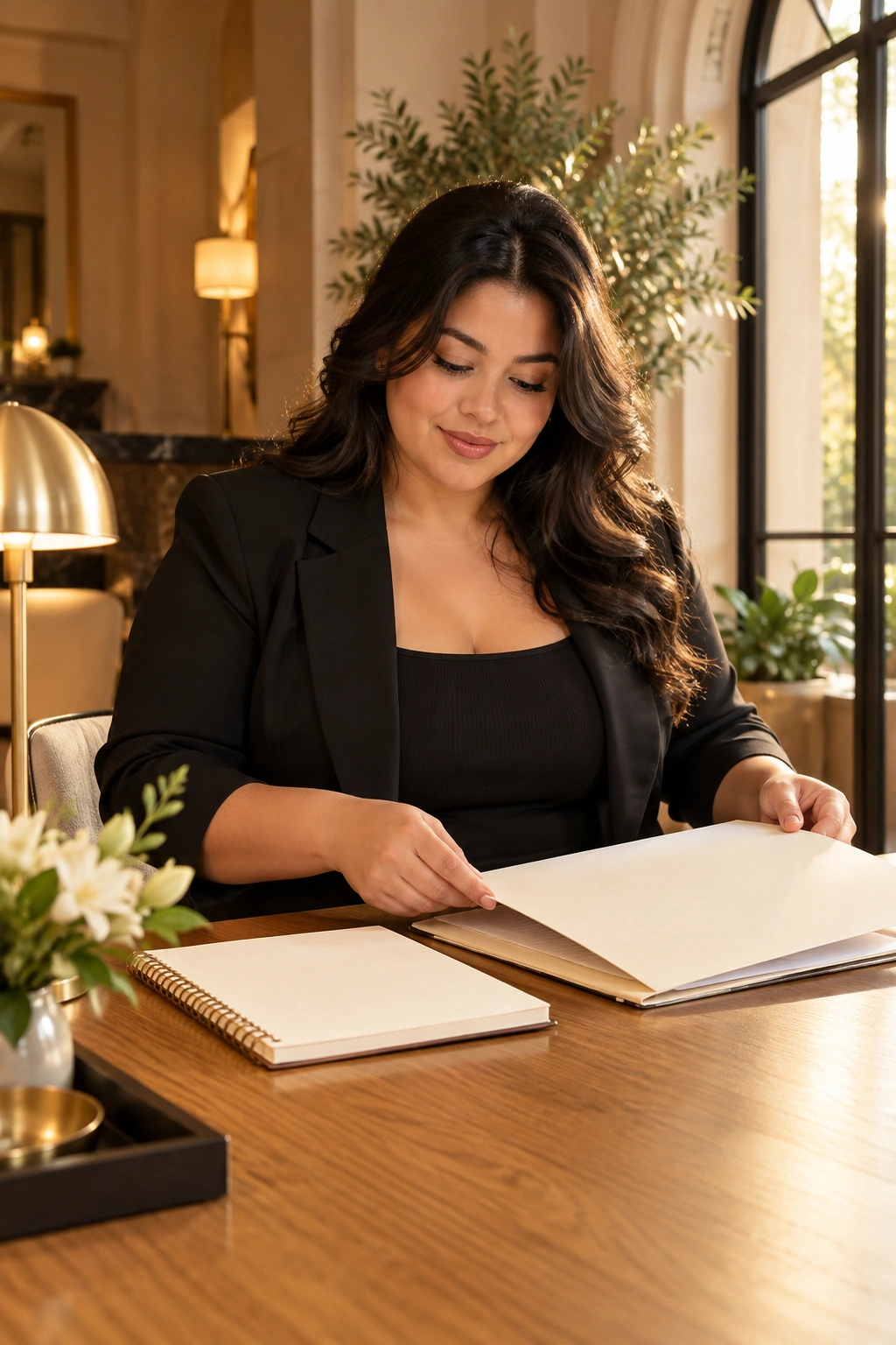 Process Gather Documents Close view of a curvy Latina hospitality professional organizing a plain document folder and blank notebook at an oak table, brass lamp, warm window light