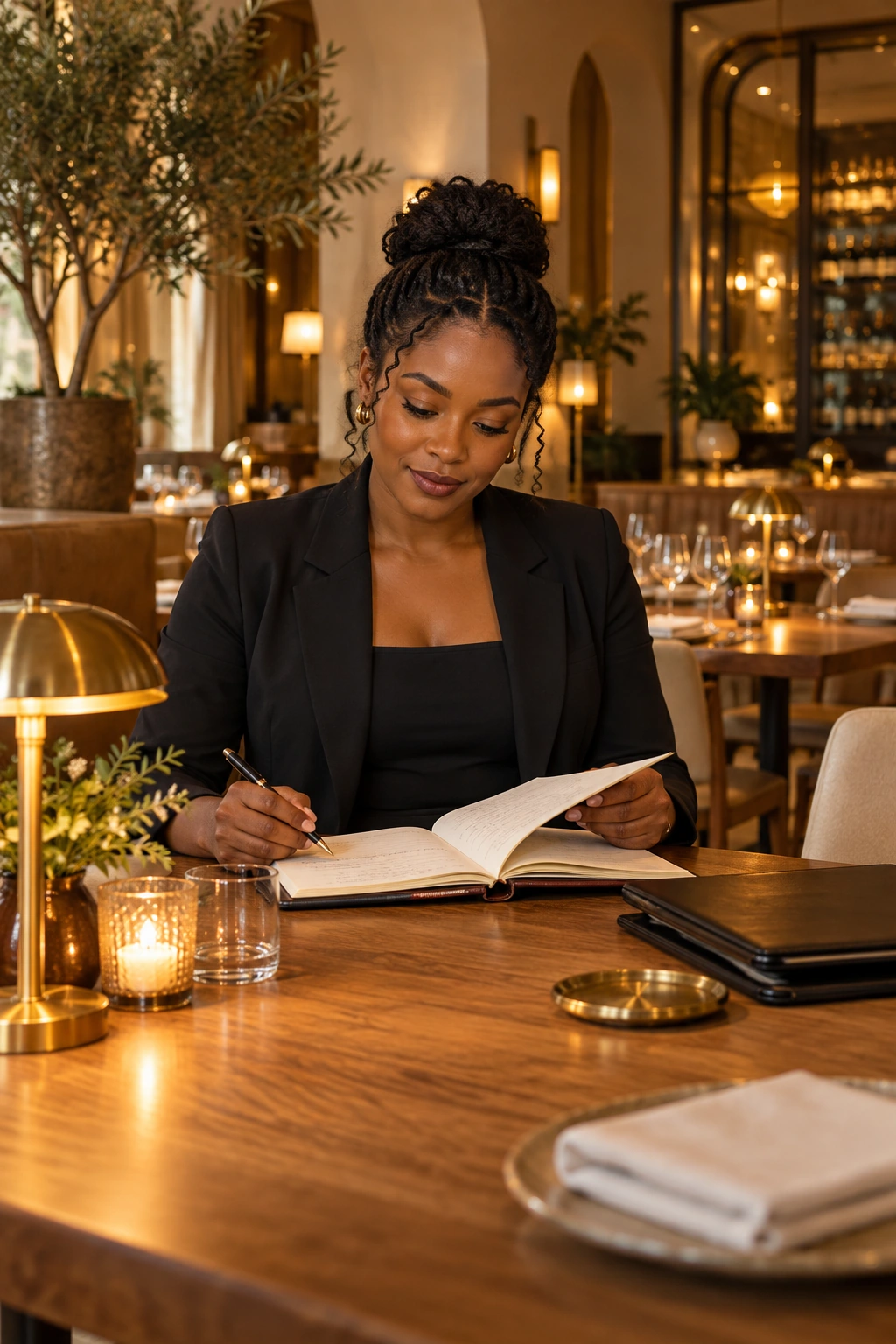 Process Get Started A Black woman restaurant manager after service in a warm upscale restaurant, looking at her notebook at an oak table, calm and confident