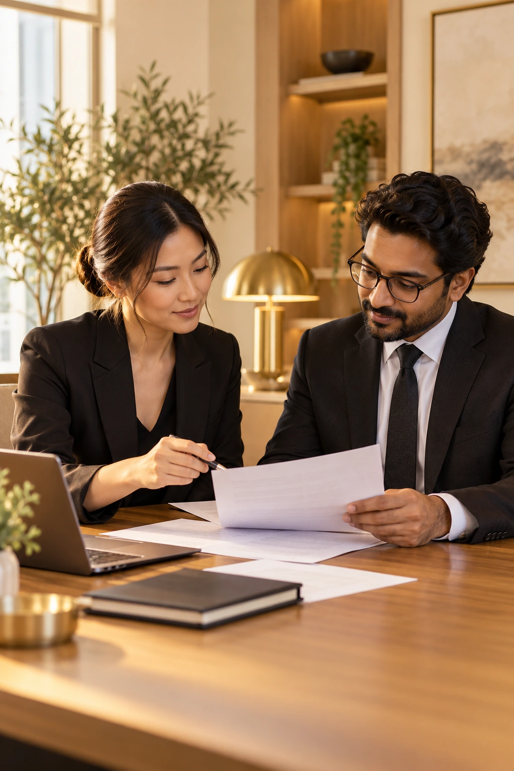 An Asian American hospitality professional reviewing unbranded documents with an Indian American tax professional at a welcoming office desk, collaborative and focused